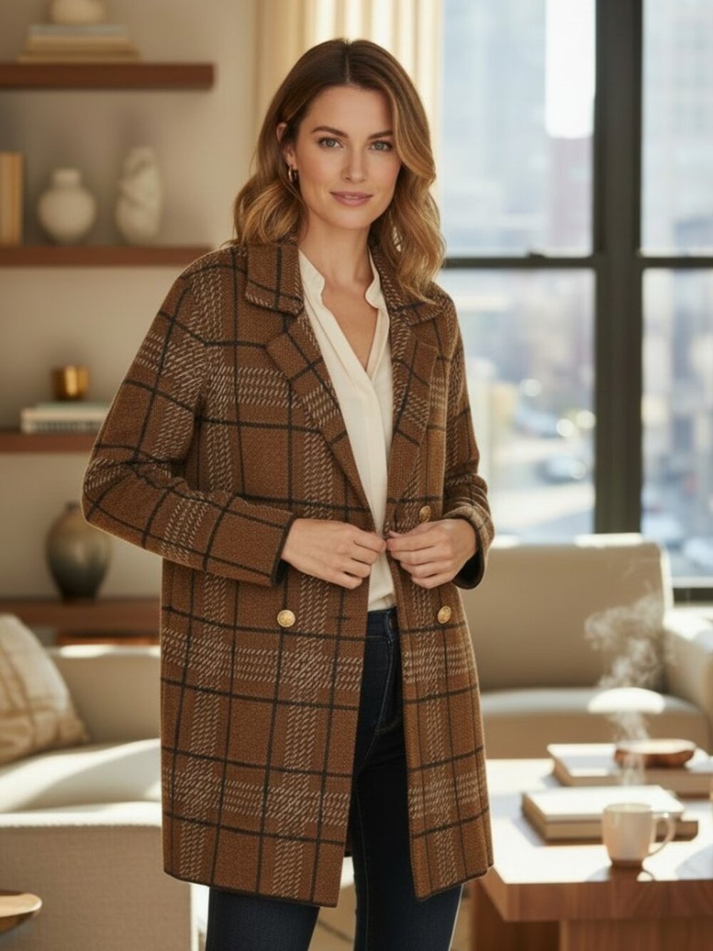 NWT Anne Klein Choc Brown Multi Windowpane Knit Sweater Coat Size S Retail $149